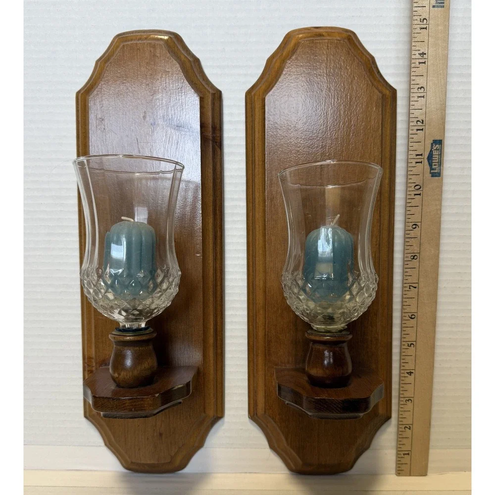 Vintage MCM Wood Glass Candle Holder Wall Sconce - Size 15 x 5